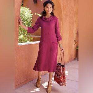 SOFT SURROUNDINGS Everly Gauze Midi Cowl Neck Dress Berry Relaxed Fit Size XS